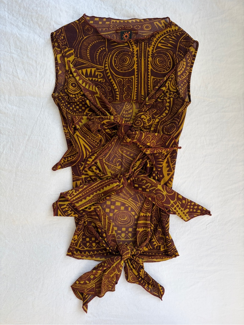 Vintage Jean Paul Gaultier Mesh Print Front Tie Cut Out Sleeveless Top Brown 90s